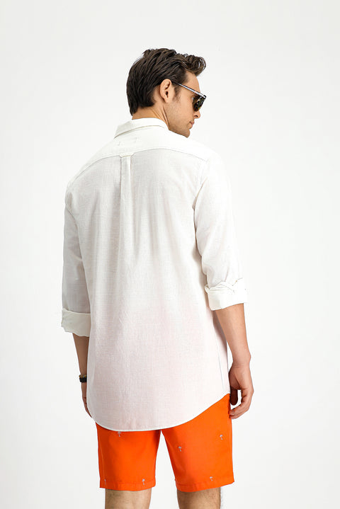 White Long Sleeve Regular Fit Button-Down Collar Linen-Look Sporty Cotton Shirt