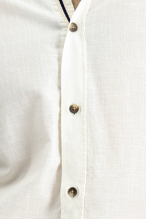 White Long Sleeve Regular Fit Button-Down Collar Linen-Look Sporty Cotton Shirt