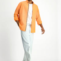 Light Orange Long Sleeve Regular Fit Button-Down Collar Linen-Look Sporty Cotton Shirt