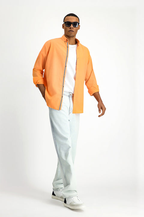 Light Orange Long Sleeve Regular Fit Button-Down Collar Linen-Look Sporty Cotton Shirt