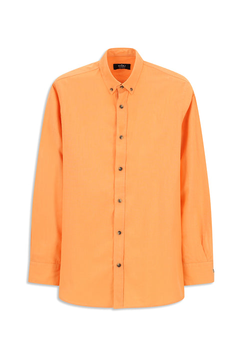Light Orange Long Sleeve Regular Fit Button-Down Collar Linen-Look Sporty Cotton Shirt