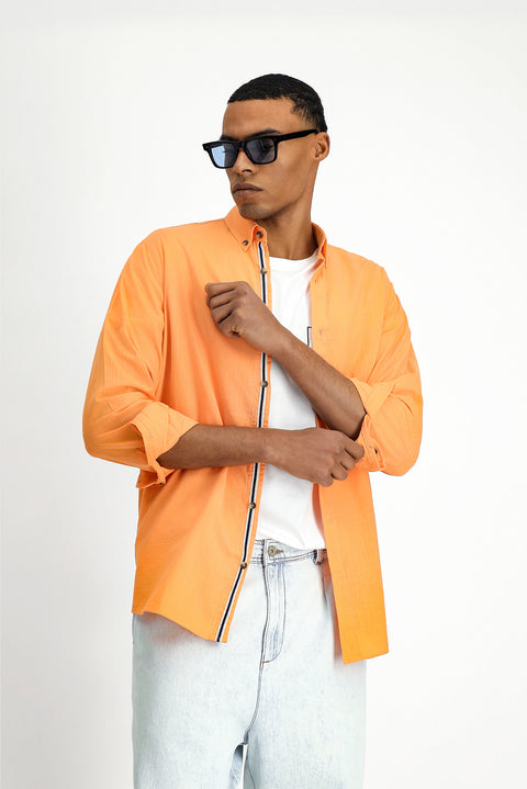 Light Orange Long Sleeve Regular Fit Button-Down Collar Linen-Look Sporty Cotton Shirt