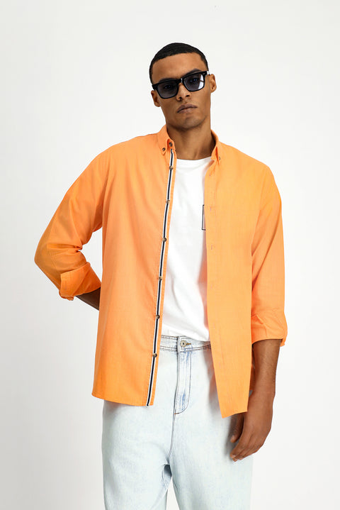 Light Orange Long Sleeve Regular Fit Button-Down Collar Linen-Look Sporty Cotton Shirt