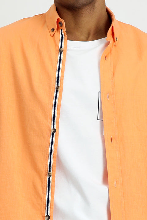 Light Orange Long Sleeve Regular Fit Button-Down Collar Linen-Look Sporty Cotton Shirt