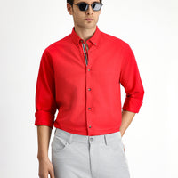 Light Red Long Sleeve Regular Fit Button-Down Collar Linen-Look Sporty Cotton Shirt