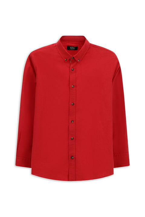 Light Red Long Sleeve Regular Fit Button-Down Collar Linen-Look Sporty Cotton Shirt