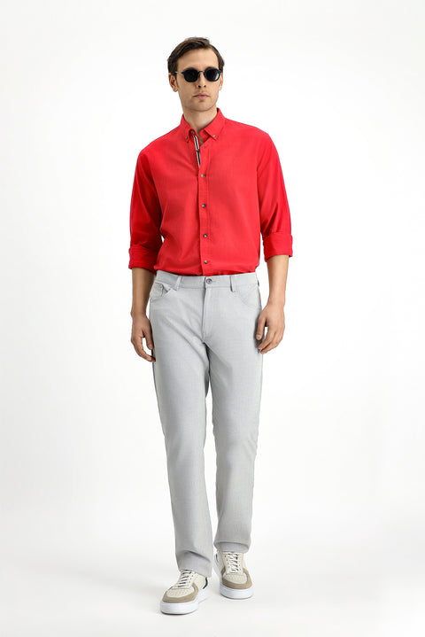 Light Red Long Sleeve Regular Fit Button-Down Collar Linen-Look Sporty Cotton Shirt