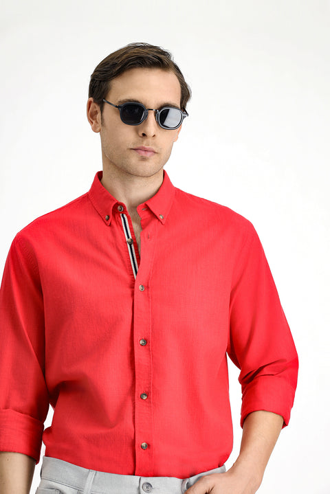 Light Red Long Sleeve Regular Fit Button-Down Collar Linen-Look Sporty Cotton Shirt