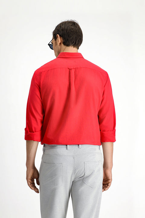 Light Red Long Sleeve Regular Fit Button-Down Collar Linen-Look Sporty Cotton Shirt
