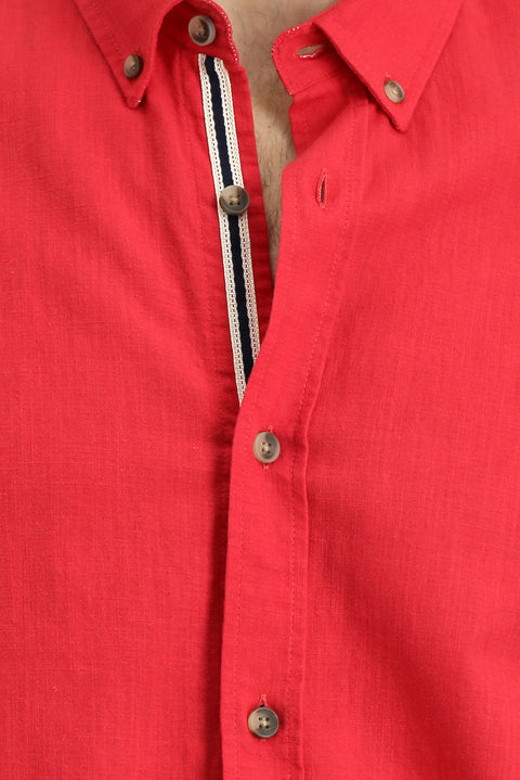 Light Red Long Sleeve Regular Fit Button-Down Collar Linen-Look Sporty Cotton Shirt