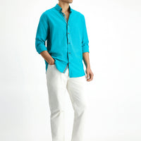 Dark Turquoise Long Sleeve Regular Fit Button-Down Collar Linen-Look Sporty Cotton Shirt