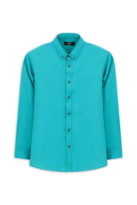 Dark Turquoise Long Sleeve Regular Fit Button-Down Collar Linen-Look Sporty Cotton Shirt