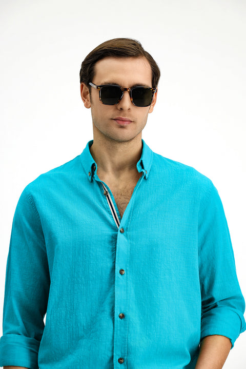 Dark Turquoise Long Sleeve Regular Fit Button-Down Collar Linen-Look Sporty Cotton Shirt