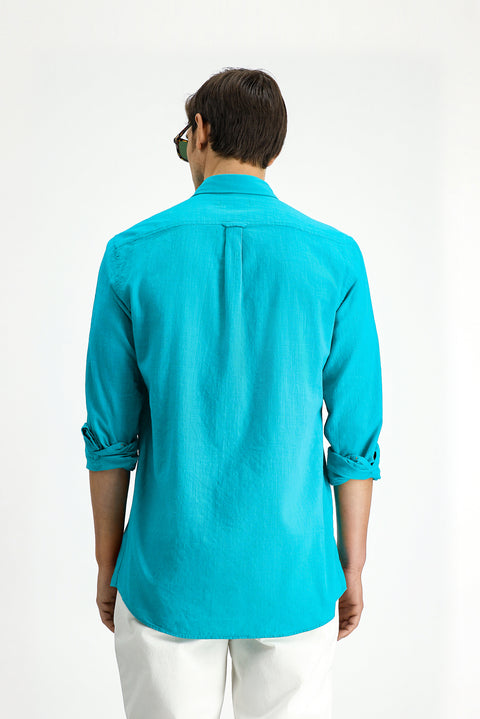 Dark Turquoise Long Sleeve Regular Fit Button-Down Collar Linen-Look Sporty Cotton Shirt