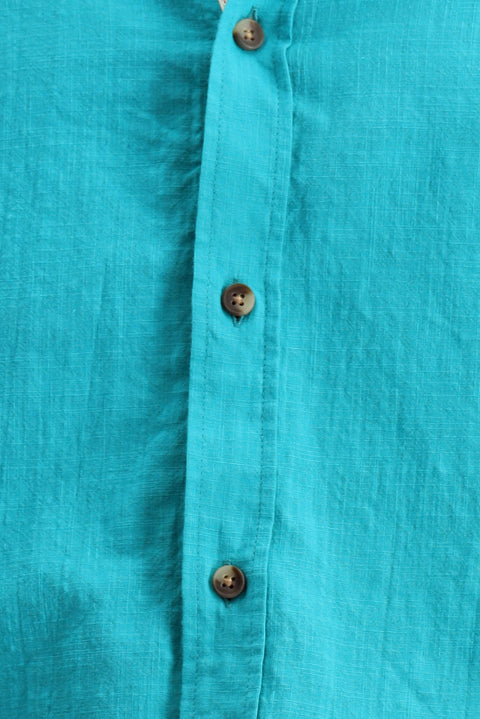 Dark Turquoise Long Sleeve Regular Fit Button-Down Collar Linen-Look Sporty Cotton Shirt