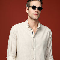 Light Mink Long Sleeve Regular Fit Button-Down Collar Linen-Look Sporty Cotton Shirt