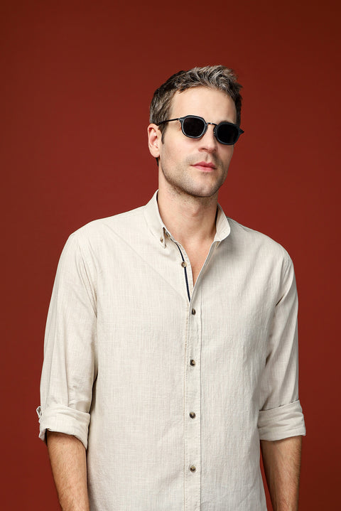 Light Mink Long Sleeve Regular Fit Button-Down Collar Linen-Look Sporty Cotton Shirt