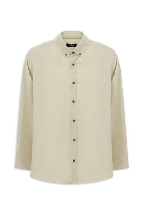 Light Mink Long Sleeve Regular Fit Button-Down Collar Linen-Look Sporty Cotton Shirt