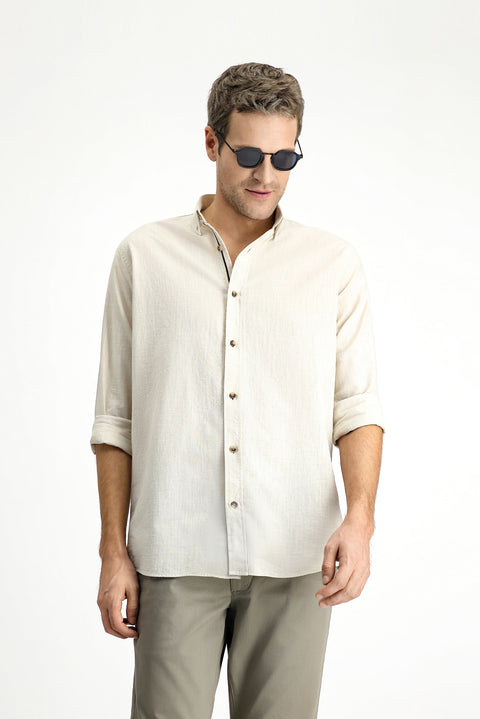 Light Mink Long Sleeve Regular Fit Button-Down Collar Linen-Look Sporty Cotton Shirt