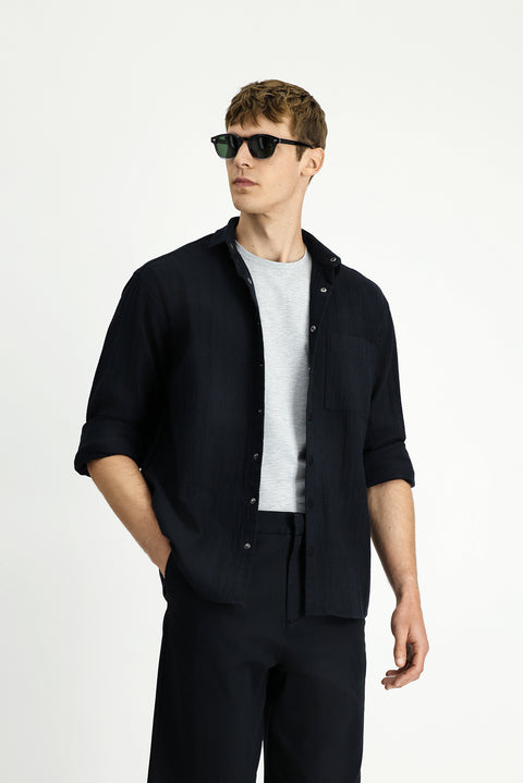Black Long Sleeve Oversize Extra Relaxed Fit Patterned Cotton Shirt