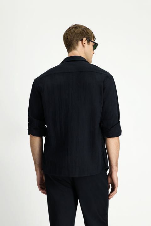 Black Long Sleeve Oversize Extra Relaxed Fit Patterned Cotton Shirt