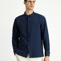 Dark Navy Long Sleeve Oversize Extra Relaxed Fit Patterned Cotton Sport Waffle Shirt