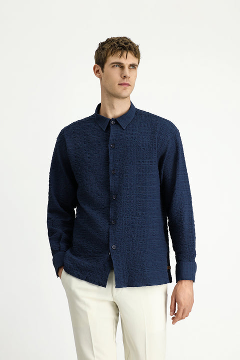 Dark Navy Long Sleeve Oversize Extra Relaxed Fit Patterned Cotton Sport Waffle Shirt