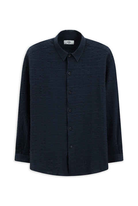 Dark Navy Long Sleeve Oversize Extra Relaxed Fit Patterned Cotton Sport Waffle Shirt