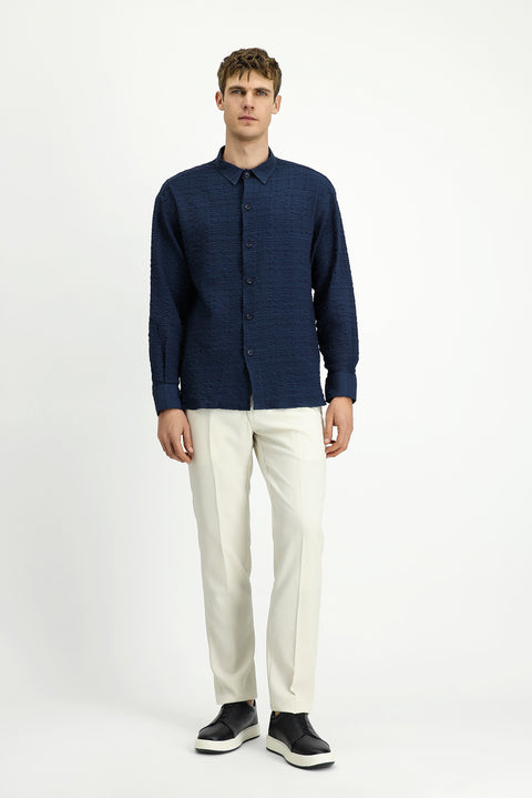 Dark Navy Long Sleeve Oversize Extra Relaxed Fit Patterned Cotton Sport Waffle Shirt