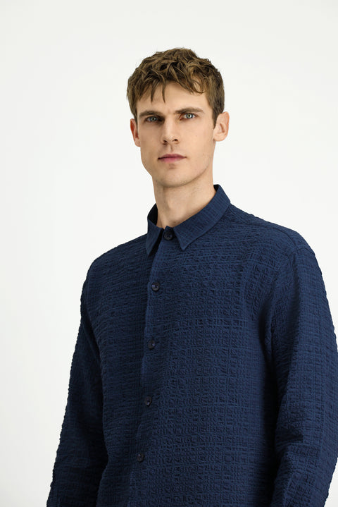 Dark Navy Long Sleeve Oversize Extra Relaxed Fit Patterned Cotton Sport Waffle Shirt