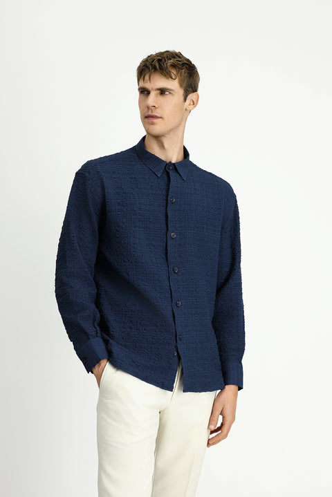 Dark Navy Long Sleeve Oversize Extra Relaxed Fit Patterned Cotton Sport Waffle Shirt
