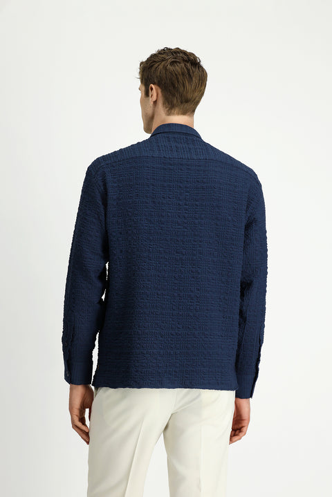 Dark Navy Long Sleeve Oversize Extra Relaxed Fit Patterned Cotton Sport Waffle Shirt