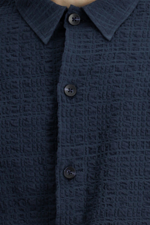 Dark Navy Long Sleeve Oversize Extra Relaxed Fit Patterned Cotton Sport Waffle Shirt