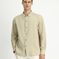 Medium Beige Long Sleeve Oversize Extra Relaxed Fit Patterned Cotton Sport Waffle Shirt