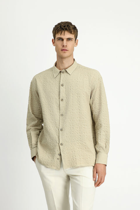 Medium Beige Long Sleeve Oversize Extra Relaxed Fit Patterned Cotton Sport Waffle Shirt