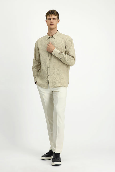 Medium Beige Long Sleeve Oversize Extra Relaxed Fit Patterned Cotton Sport Waffle Shirt