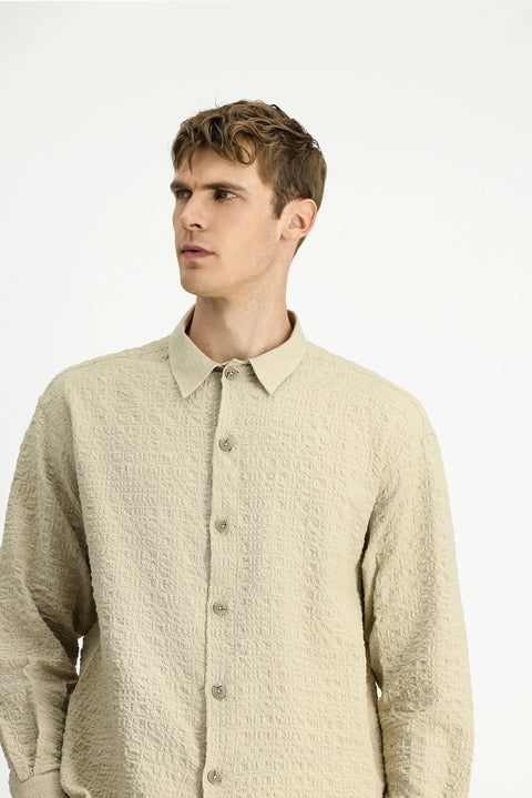 Medium Beige Long Sleeve Oversize Extra Relaxed Fit Patterned Cotton Sport Waffle Shirt