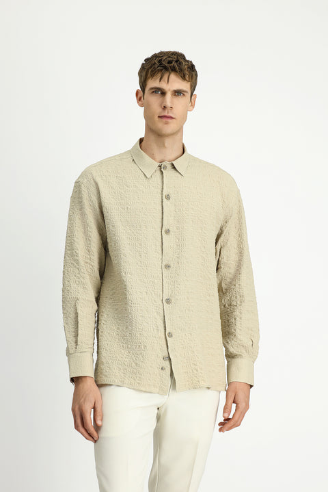 Medium Beige Long Sleeve Oversize Extra Relaxed Fit Patterned Cotton Sport Waffle Shirt