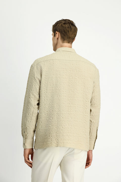 Medium Beige Long Sleeve Oversize Extra Relaxed Fit Patterned Cotton Sport Waffle Shirt