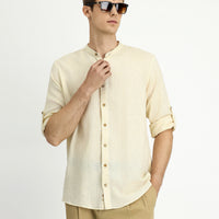 Off-white long-sleeved regular fit patterned cotton linen shirt