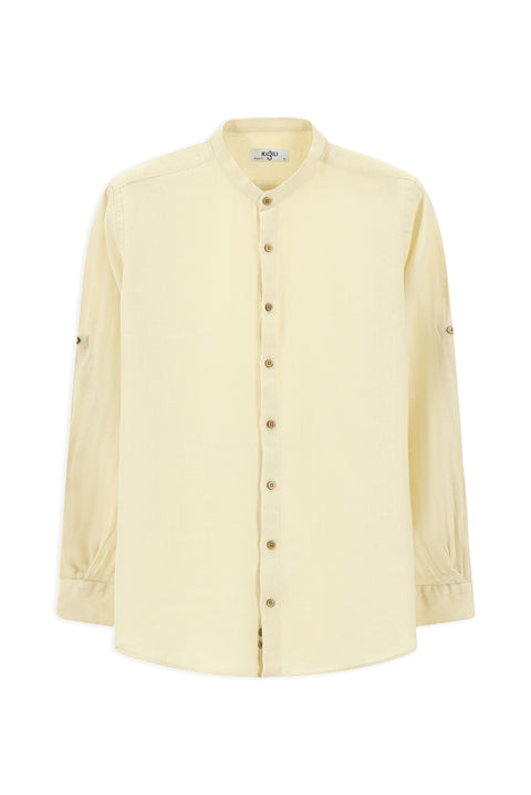 Off-white long-sleeved regular fit patterned cotton linen shirt