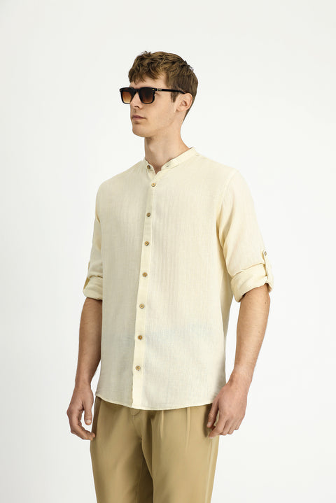 Off-white long-sleeved regular fit patterned cotton linen shirt