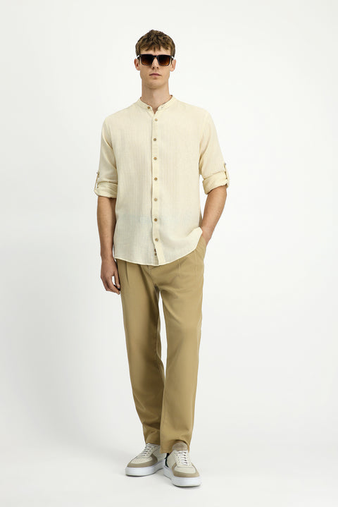 Off-white long-sleeved regular fit patterned cotton linen shirt