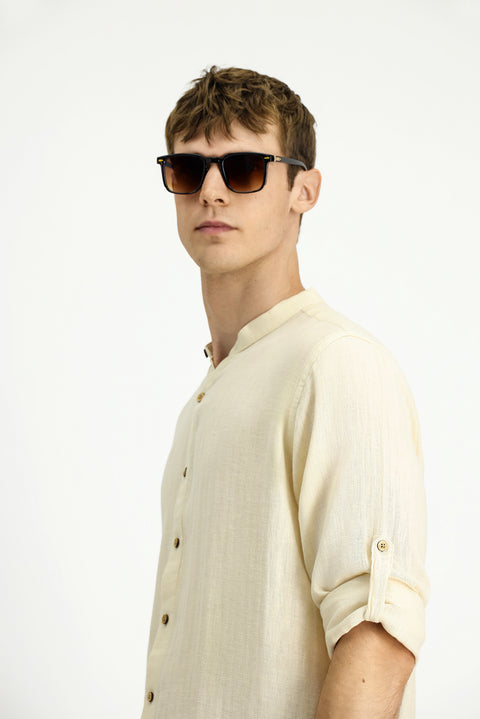 Off-white long-sleeved regular fit patterned cotton linen shirt