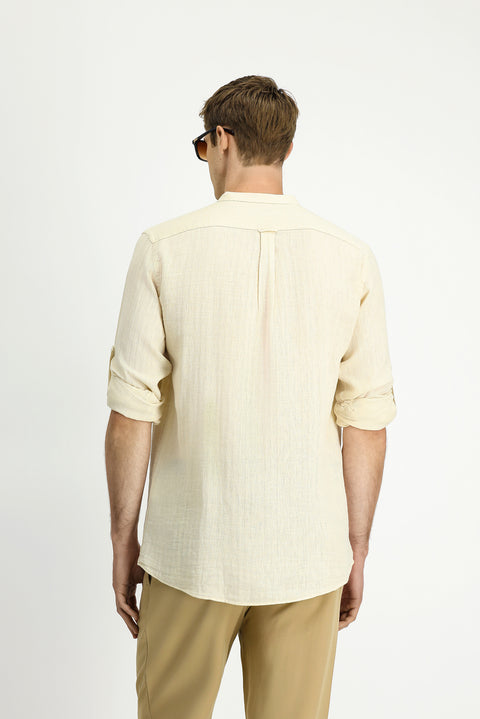 Off-white long-sleeved regular fit patterned cotton linen shirt