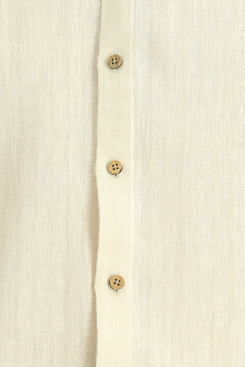 Off-white long-sleeved regular fit patterned cotton linen shirt