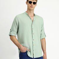 Mint Green Long Sleeve Regular Fit Patterned Cotton Linen Shirt