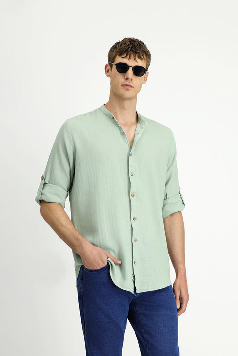 Mint Green Long Sleeve Regular Fit Patterned Cotton Linen Shirt