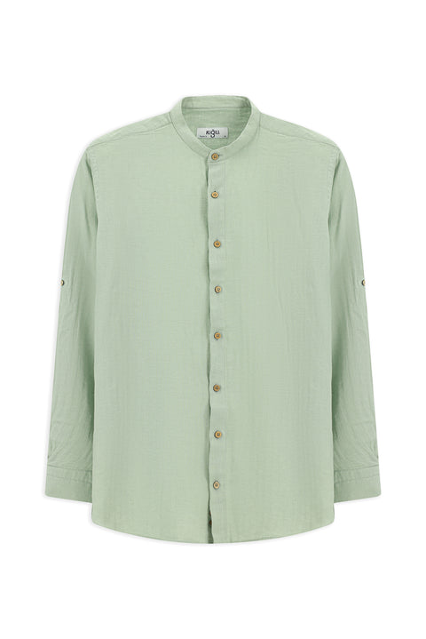 Mint Green Long Sleeve Regular Fit Patterned Cotton Linen Shirt