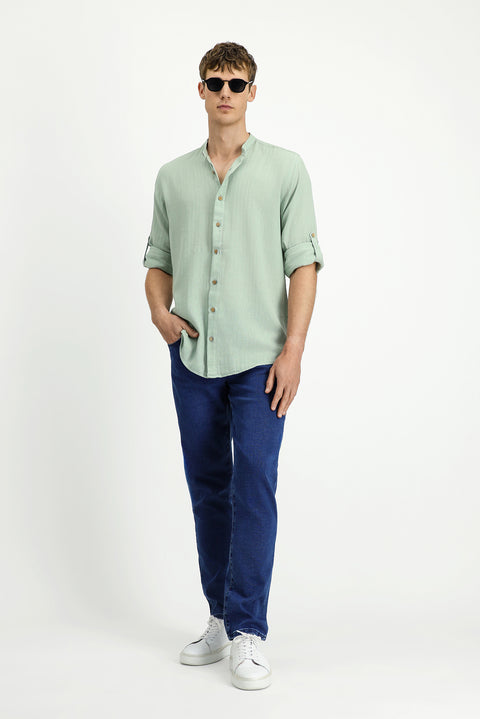 Mint Green Long Sleeve Regular Fit Patterned Cotton Linen Shirt